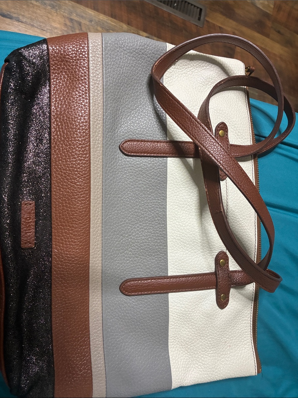 Fossil Striped Tote in White, Gray, Brown and Black